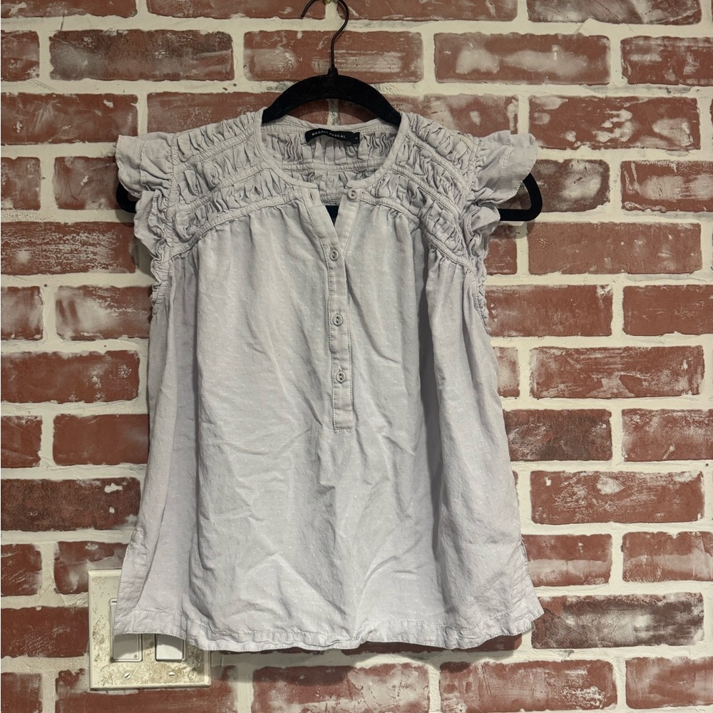 Magali Pascal Cotton Blouse Ruffle Smocked Swiss Dot Top Small Blue Gray